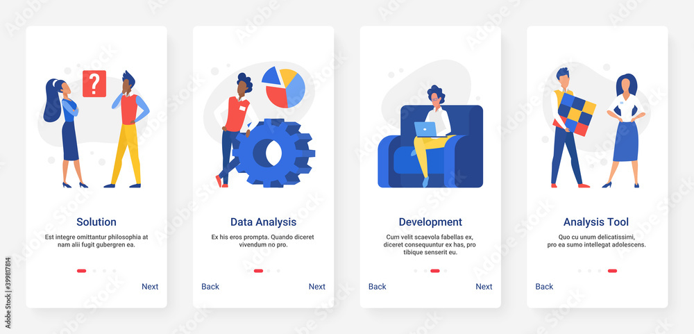 Data analysis and control research technology, solutions for business development vector illustration. Mobile app page onboard screen set with cartoon flat developer people analyzing data graph report