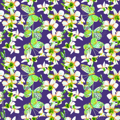 Orchids with butterfly insect seamless pattern.