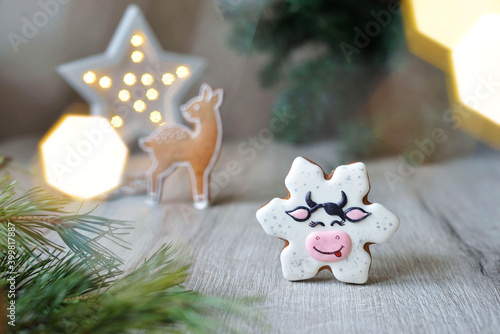 Christmas gingerbread in glaze in the form of Christmas asterisk snowflake with bull, Christmas symbols 2021, on a white table with New Year's decor, horizontal.