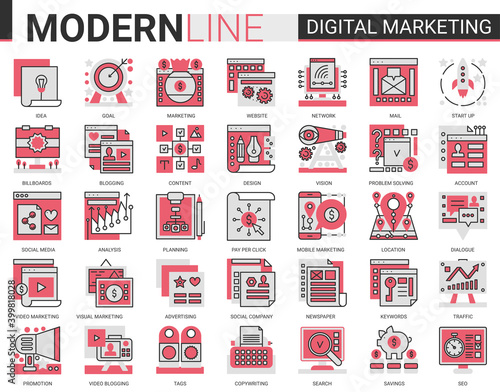 Digital marketing complex red black flat line icons vector illustration.