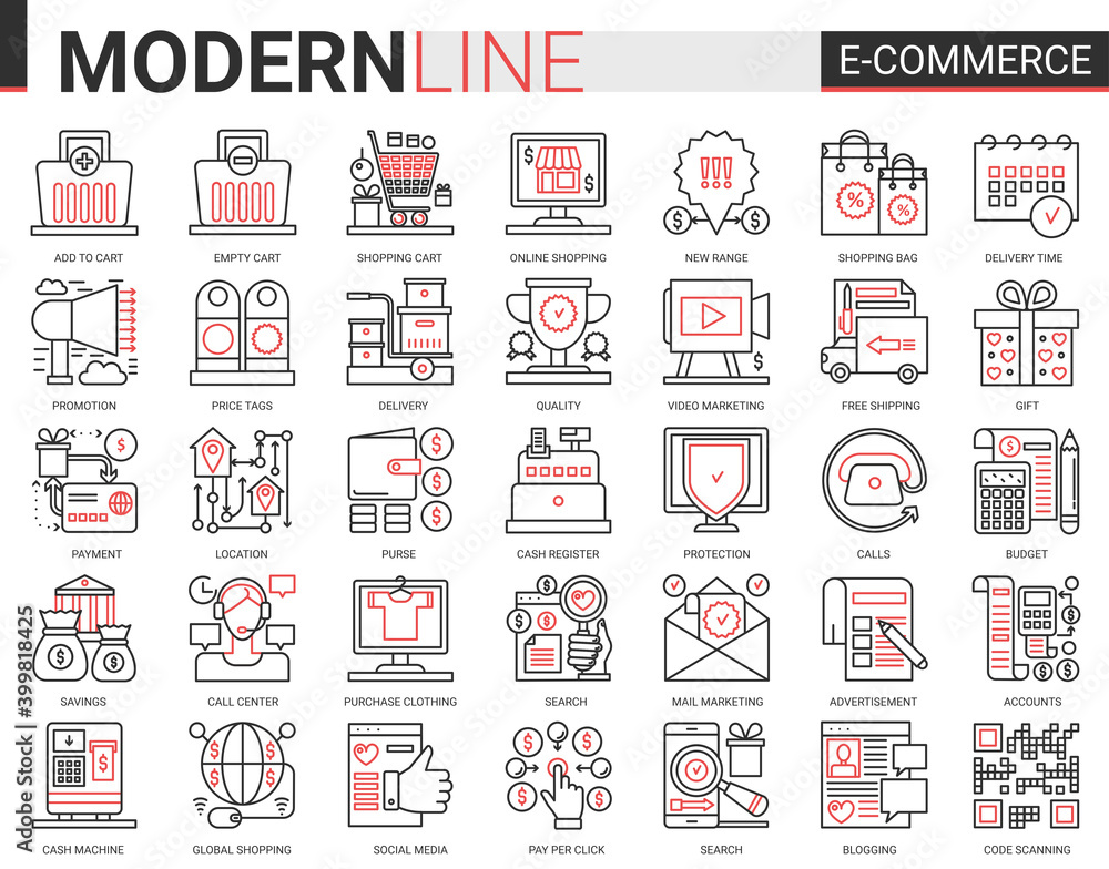 Shopping retail, e-commerce complex thin red black line icon vector illustration set. Linear commercial shop website app symbols for online order, free shopping delivery, customer web support call