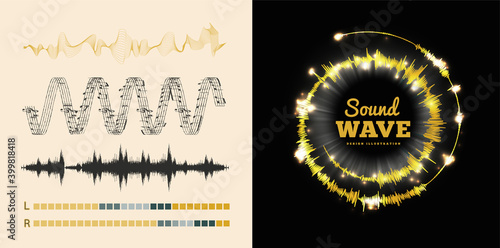 Vector sound waves set on black and white background. Soundwave amplitude equalizer