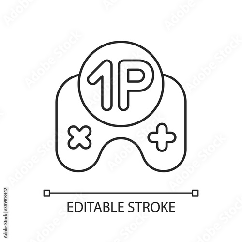 Single player game linear icon. Videogame solo mode. Virtual pastime thin line customizable illustration. Contour symbol. Playing alone. Controller vector isolated outline drawing. Editable stroke