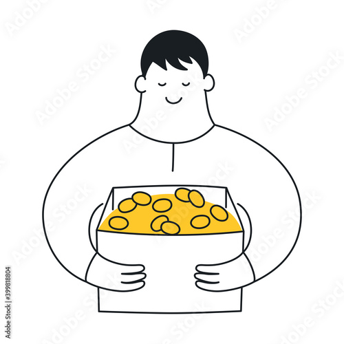 Man holding a box with gold coins. Money holder, wealth, investment, asset storage, treasure concept. Flat clean elegant vector illustration on white