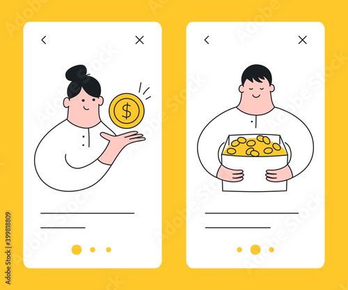 Wealth management, savings, investment, and banking concept. Cute elegant people in the financial sphere. Flat line isolated vector.