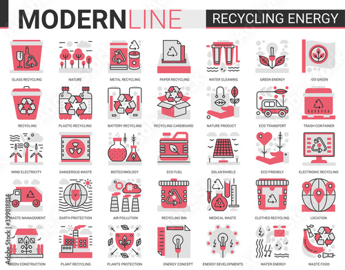 Recycling Renewable green energy complex red black flat line icons set vector illustration.