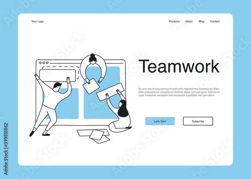 Web UI element for a design agency homepage, prototyping process, creation of the website interface. A team of designers and developers construct an interface from blocks. Flat clean line vector