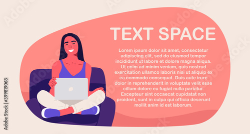 Portrait of a girl with a laptop in a chair. Flat banner design for a website, blog, journal, online courses. Programmer mock up, place for text, copy space