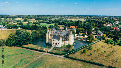 Castle with a moat in Laarne, Belgium - aerial view