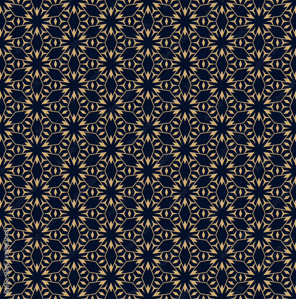 Abstract vector geometric seamless pattern. Golden lines texture, elegant floral lattice, mesh, weave, grid. Oriental style background. Luxury gold and black ornament, repeat tiles, modern design