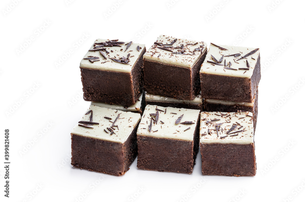 Chocolate brownie bites with sparklng chocolate topping isolated on white Chocolate brownie bites with sparklng chocolate topping isolated on white