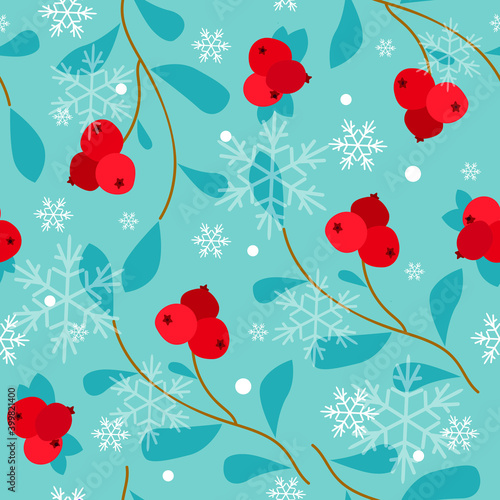 seamless pattern with cranberry  and snowflakes  on a blue background