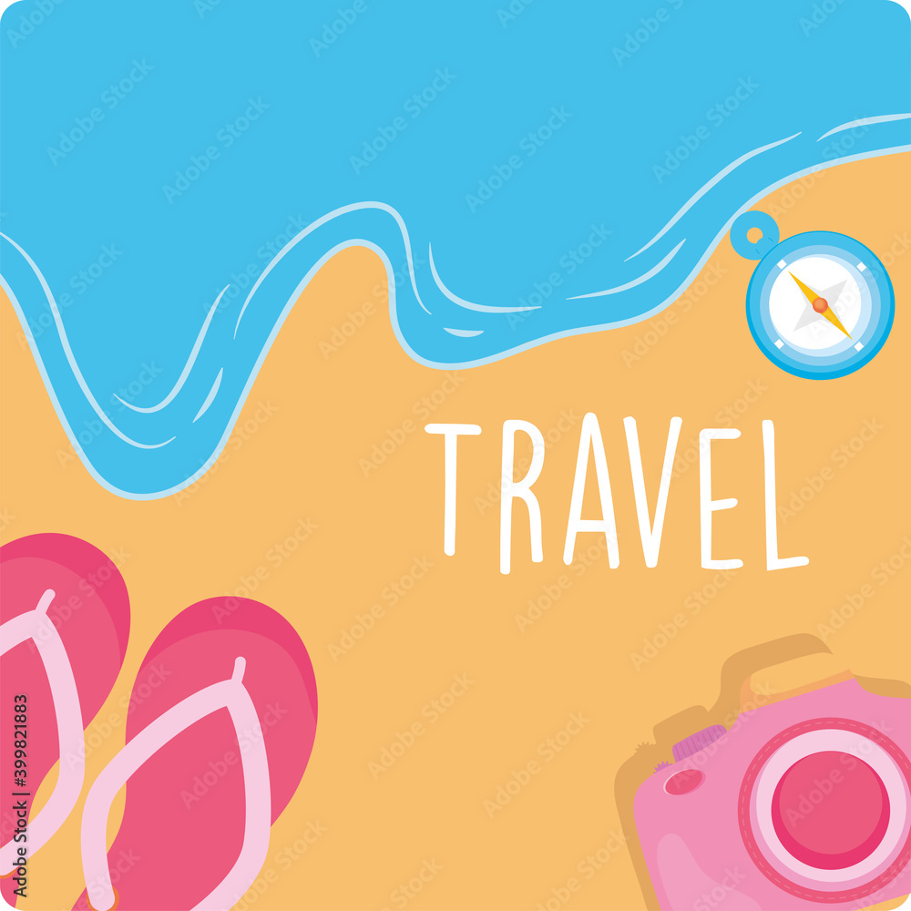 travel sandals and camera on beach vector design