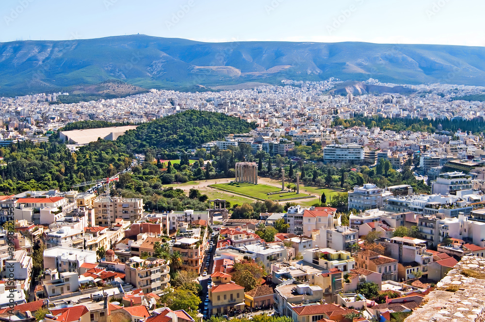 View from Acropolis hill on Temple of Olympian Zeus and Athens, Greece