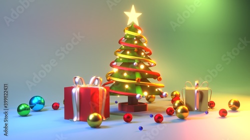 A 3D rendered illustration of a Christmas tree with stars glowing golden yellow on top. Decorated with yellow and red ribbons With fluorescent yellow and silver reflective balls