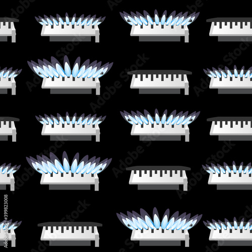 Seamless pattern of four gas stove kitchen burner off low mid and high level of gas flat vector illustration on dark background