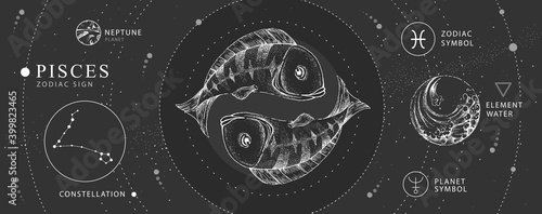 Modern magic witchcraft card with astrology Pisces zodiac sign. Realistic hand drawing koi fish illustration. Zodiac characteristic