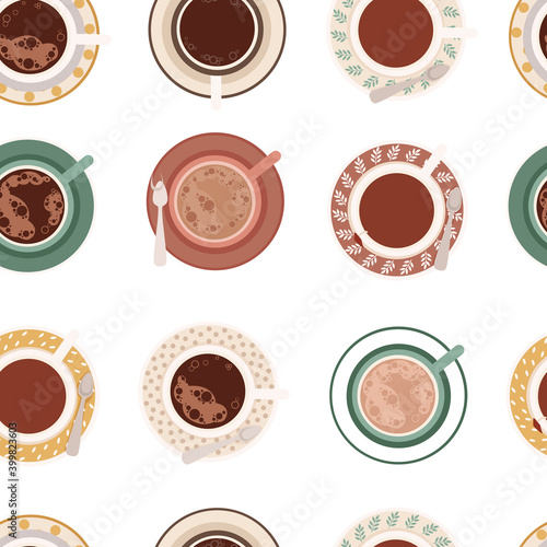 Seamless pattern of coffee cup with foam and saucer with different patterns flat vector illustration on white background collection of mug top view