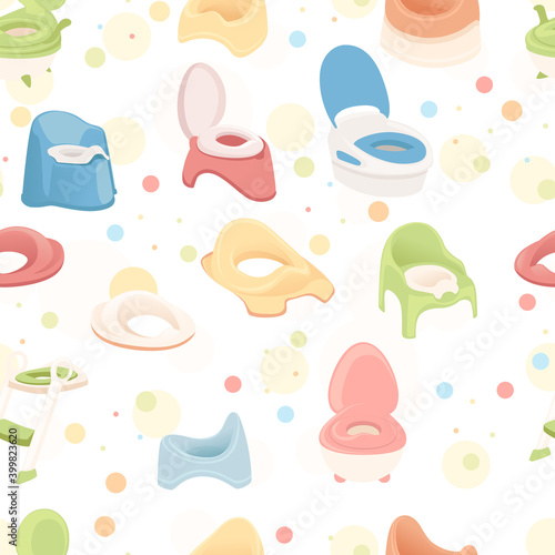 Seamless pattern of colored plastic potty for children flat vector illustration on white background