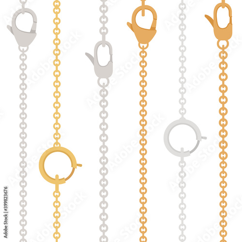 Seamless pattern golden and silver chain with claw clasp jewelry accessory flat vector illustration on white background