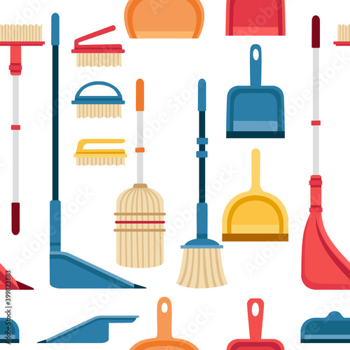 Seamless pattern scoop and brush for sweeping equipment for housework set of colored cleaner tools flat vector illustration on white background