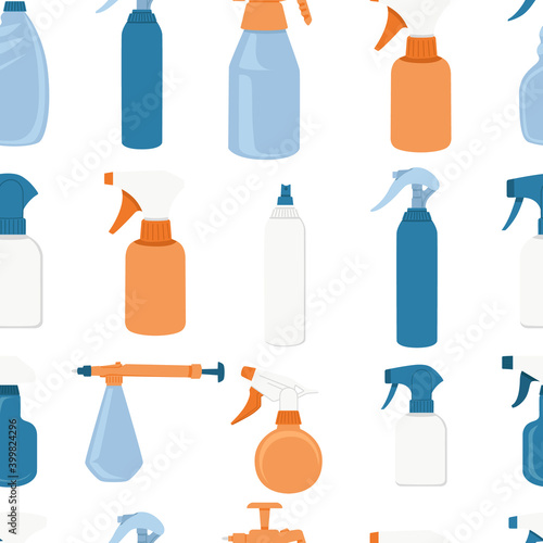 Seamless pattern of spray plastic bottles colorful and different forms spray for water or chemical liquid antiseptic flat vector illustration on white background