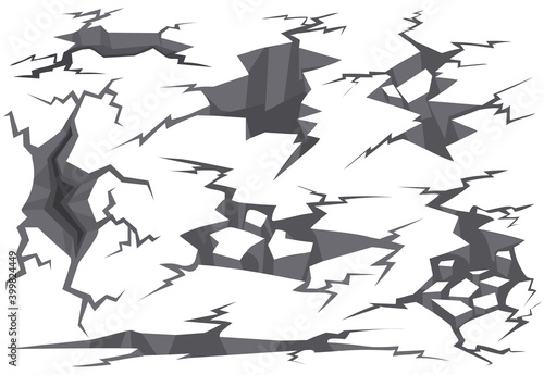 Various ground cracks and holes flat set for web design. Cartoon ground or walls crack effect after earthquake isolated vector illustration collection. Disaster and destruction ruins concept