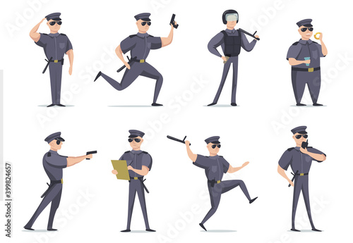 Funny American policeman in different poses flat item set. Cartoon character in cop outfit with gun isolated vector illustration collection. Police and security concept
