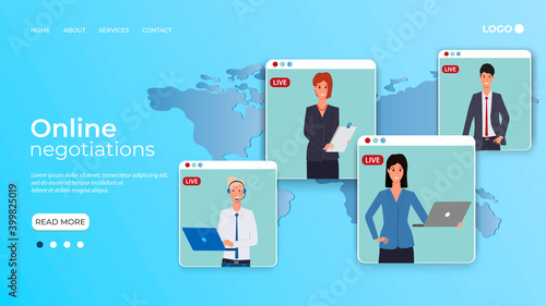 International online negotiations.People communicate with each other online against the background of a map of the Earth.Online meeting in quarantine.Flat vector illustration.The template of the landi