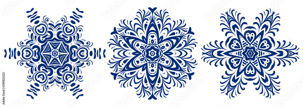 Set Snowflake. Navy blue Mandala. Decorative round ornaments. Weave Indian design elements. Yoga logos. Vector illustration Set Snowflake. Navy blue Mandala. Decorative round ornaments. Weave Indian design elements. Yoga logos. Vector illustration