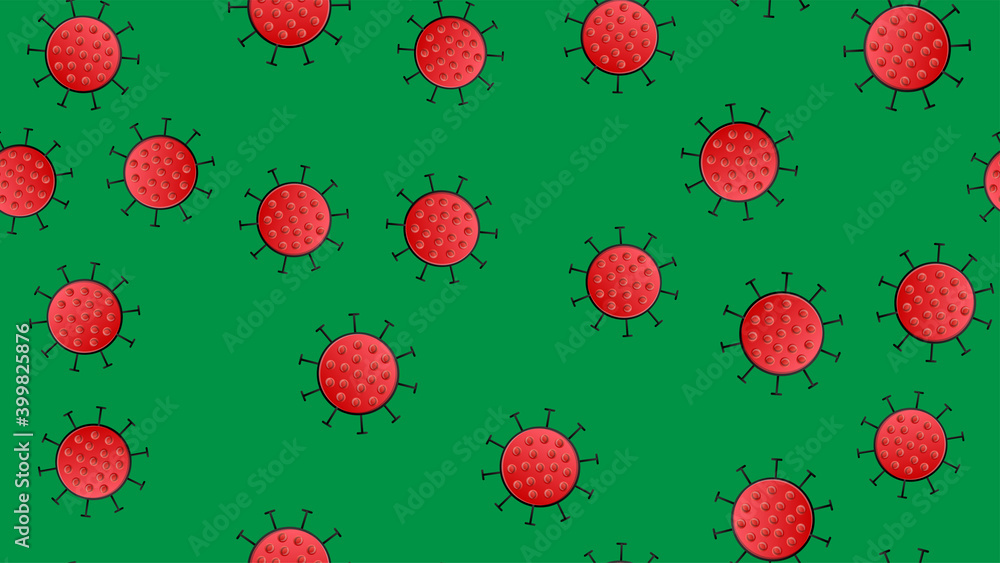 Seamless pattern of red viruses of the bacteria coronavirus disease Covid-19 pandemic dangerous infectious texture on a green background Seamless pattern of red viruses of the bacteria coronavirus disease Covid-19 pandemic dangerous infectious texture on a green background