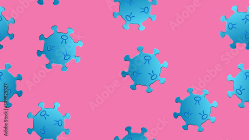 Seamless pattern of blue viruses of the bacteria coronavirus disease Covid-19 pandemic dangerous infectious texture on a pink background