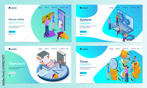 A set of landing page templates.Secure payments, system Updates, Teamwork, Time control.Templates for use in mobile app development.Flat vector illustration.