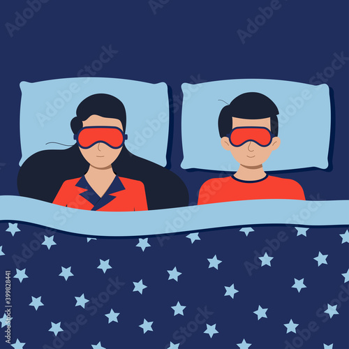Sleep couple in bed with sleeping mask. Man and woman together in bedroom with blanket and pillow – deep healthy family sleep top view concept. Flat design cartoon style bedtime vector illustration.