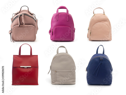 set of multicolored leather women's backpacks isolated on white background