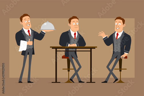 Cartoon flat funny strong business man character in black coat and tie. Boy sitting, resting and holding metal waiter tray. Ready for animation. Isolated on brown background. Vector set.