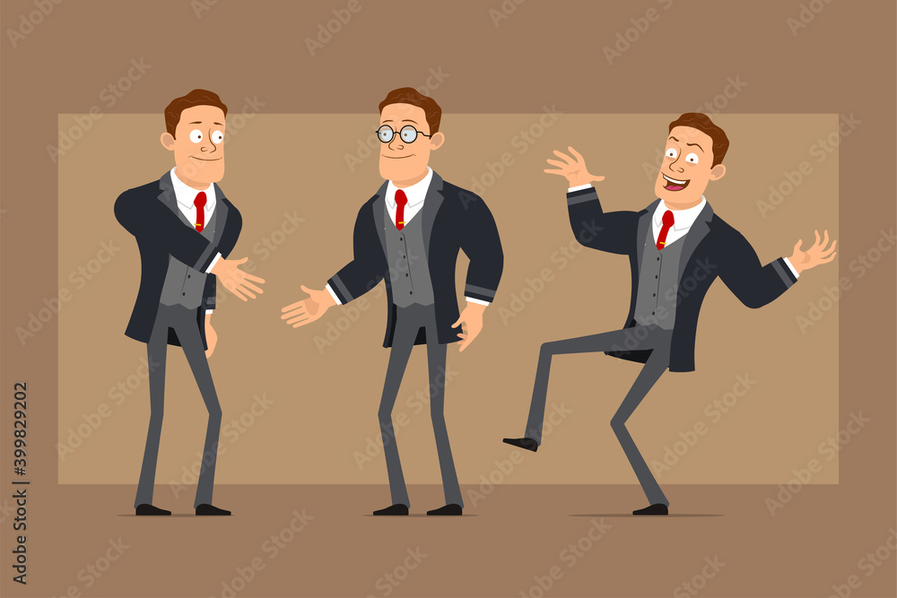 Cartoon flat funny strong business man character in black coat and tie. Boy dancing, jumping and shaking hands. Ready for animation. Isolated on brown background. Vector set. Cartoon flat funny strong business man character in black coat and tie. Boy dancing, jumping and shaking hands. Ready for animation. Isolated on brown background. Vector set.