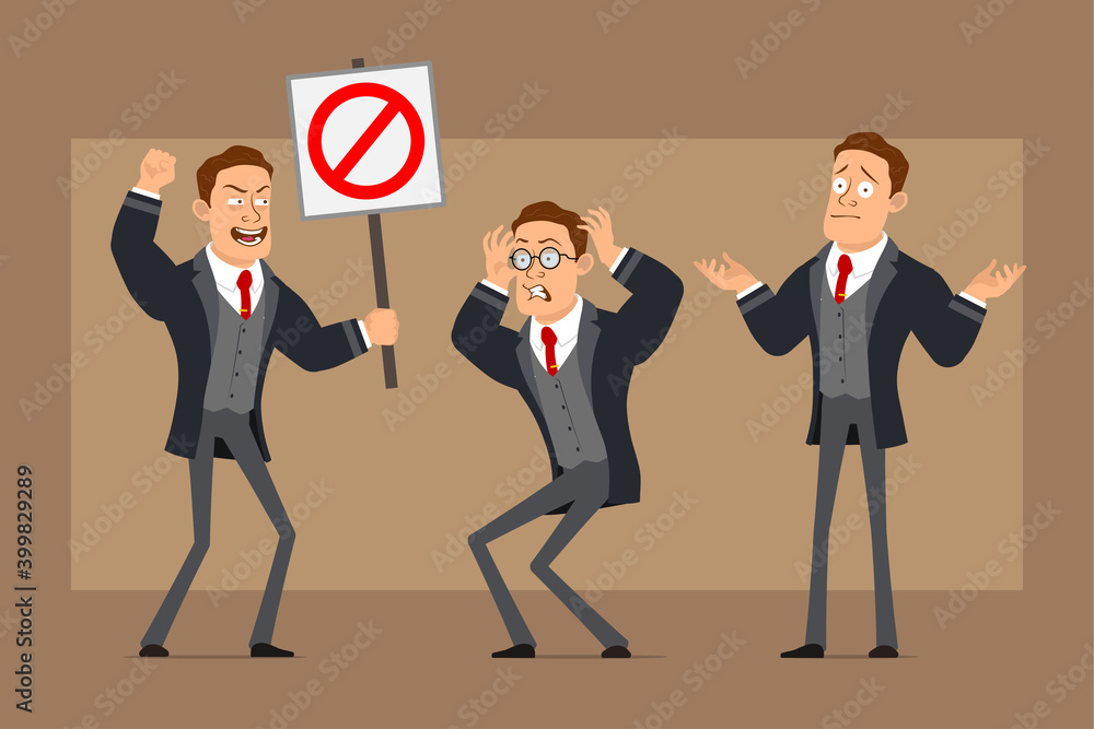 Cartoon flat funny strong business man character in black coat and tie. Boy angry, misunderstanding and holding no entry stop sign. Ready for animation. Isolated on brown background. Vector set. Cartoon flat funny strong business man character in black coat and tie. Boy angry, misunderstanding and holding no entry stop sign. Ready for animation. Isolated on brown background. Vector set.