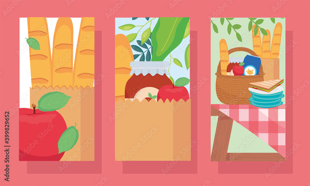 picnic food icon set inside frames vector design