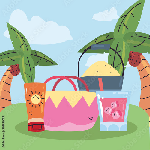 Summer cocktail basket suncream and sand bucket vector design