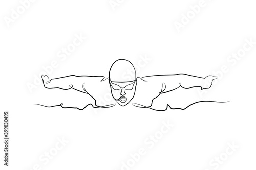 Butterfly swimmer in one line. Black line vector illustration on white background