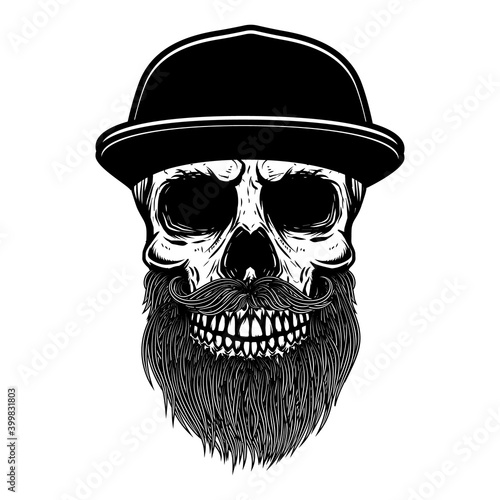 Illustration of bearded skull in baseball cap. Design element for logo, label, sign, poster. Vector illustration
