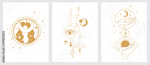Achemy esoteric mystical magic celestial talisman with woman hands, sun, moon, stars sacred geometry isolated. Collection of mystical, mysterious illustrations in hand drawn style. Blindfolded girl