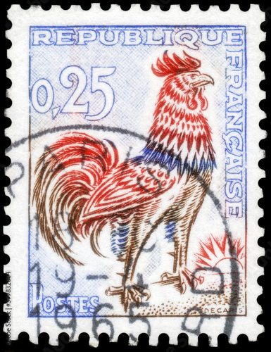 Postage stamp issued in the France with the image of the Gallic Cock, Gallus gallus domesticus,  1962 photo