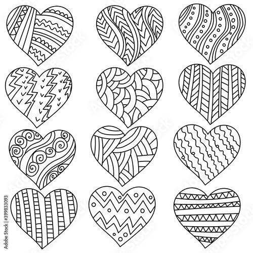 Set of doodle hearts with patterns, antistress coloring page with contour zen valentines for Valentine's day