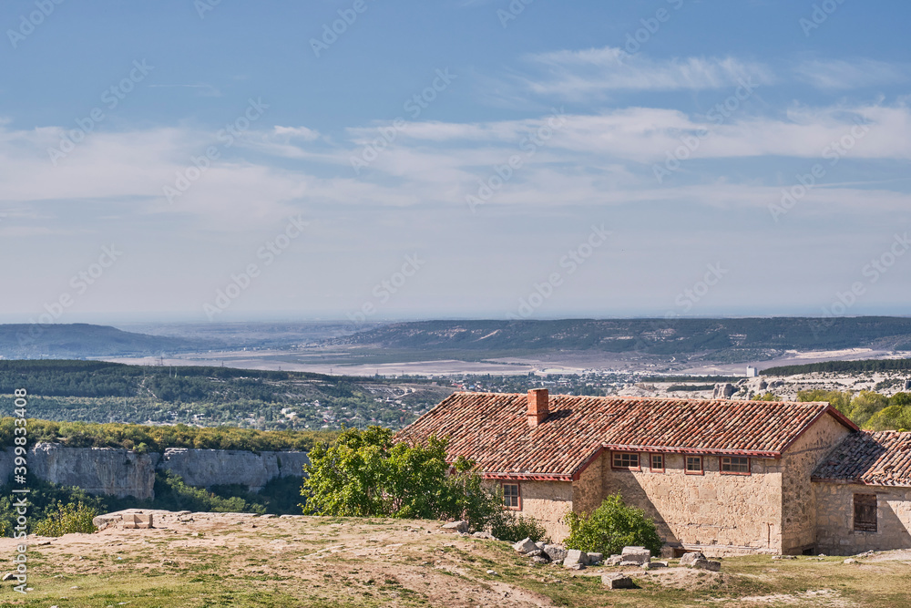 Stone house on the mountain - the estate of Firkovich.The medieval cave town of Chufut Kale. The Crimean peninsula, Bakhchisarai, Russia