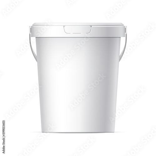 White plastic bucket with White lid. Product Packaging For food, foodstuff or paints, adhesives, sealants, primers, putty. Vector