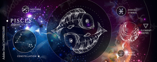 Modern magic witchcraft card with astrology Pisces zodiac sign. Realistic hand drawing koi fish illustration. Zodiac characteristic
