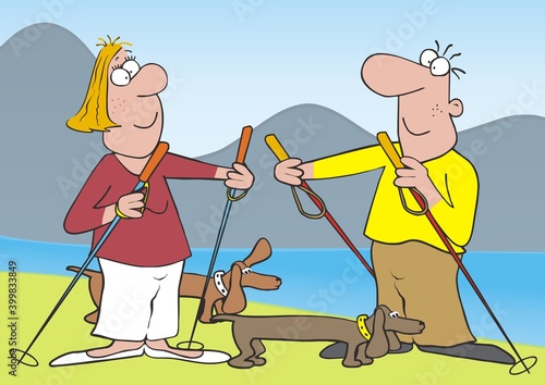 nordic walking, woman and man with dogs, funny vector illustration