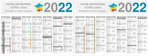 Calendrier 2022 14 mois avec vacances scolaires officielles au format 320 x 420 mm recto verso entièrement modifiable via calques et texte arial